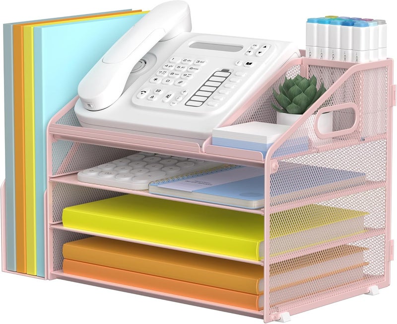Docnest 4 Tier Paper Letter Tray File Organizer, Mesh Desk File with Handle, Workspace Desk Organizers with Pen Holder, Office Organization Storage Accessories - Pink - Image 1